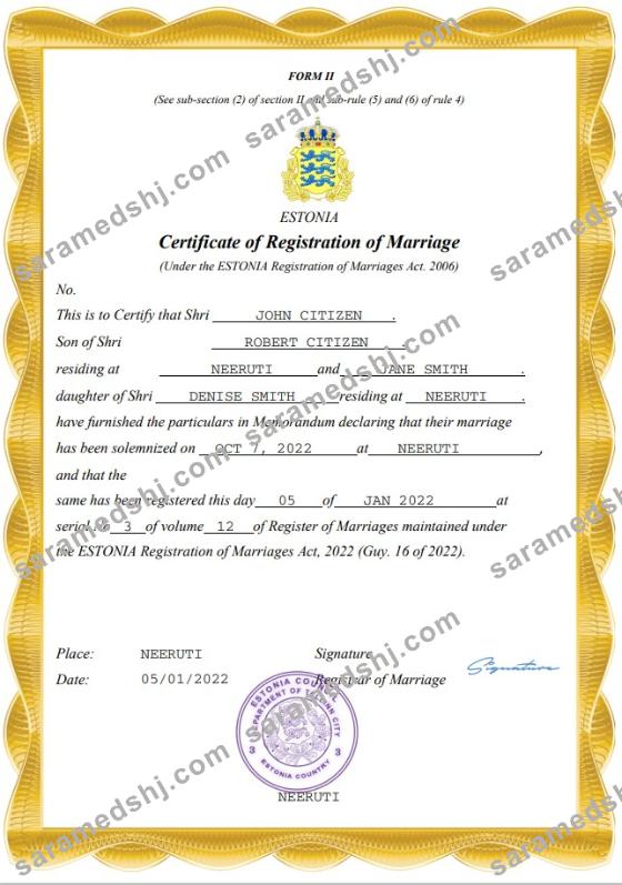 Estonia marriage certificate Word and PDF template